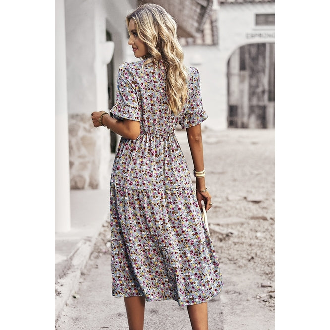 Floral Print Fit Ruffle Sleeve Midi Dress