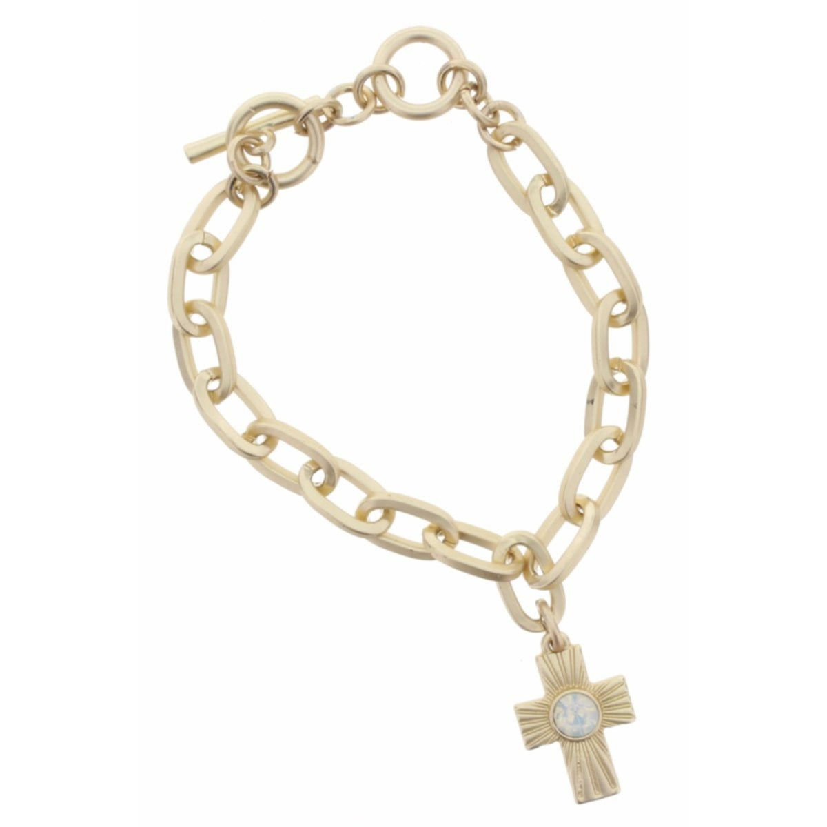 Gold Toggle Chain with Textured Cross with Opal Czech Center Stone Bracelet