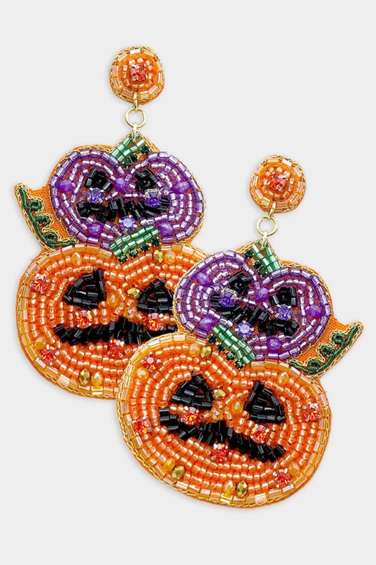 Felt Back Halloween Pumpkin Beaded Dangle Earrings