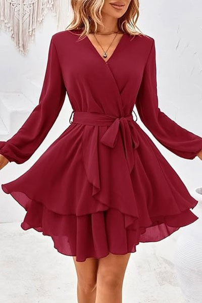 Short Sleeve Deep V Neck Swing Dress