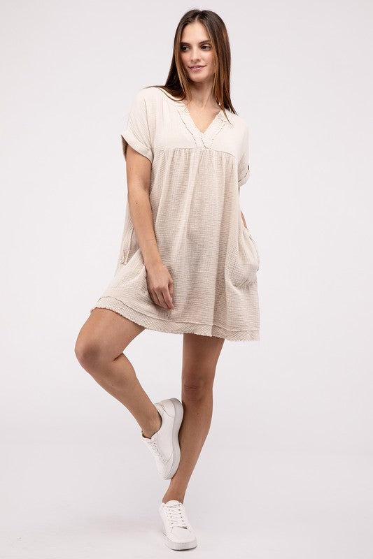 Gauze Rolled Short Sleeve Raw Edge V-Neck Dress