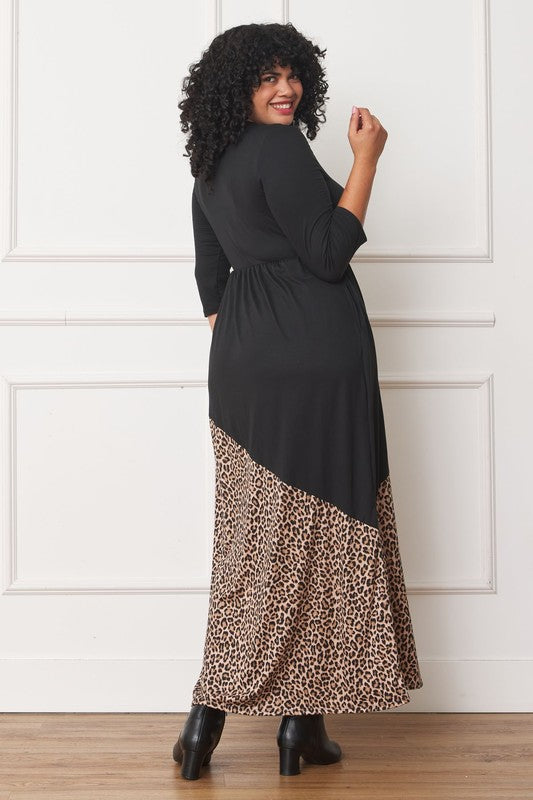 Asymmetrical Leopard Accent Maxi Dress Plus