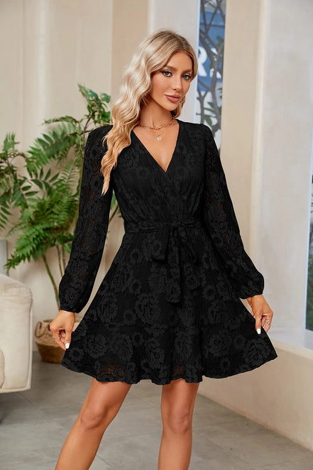 Lace V-Neck Long-Sleeved Dress