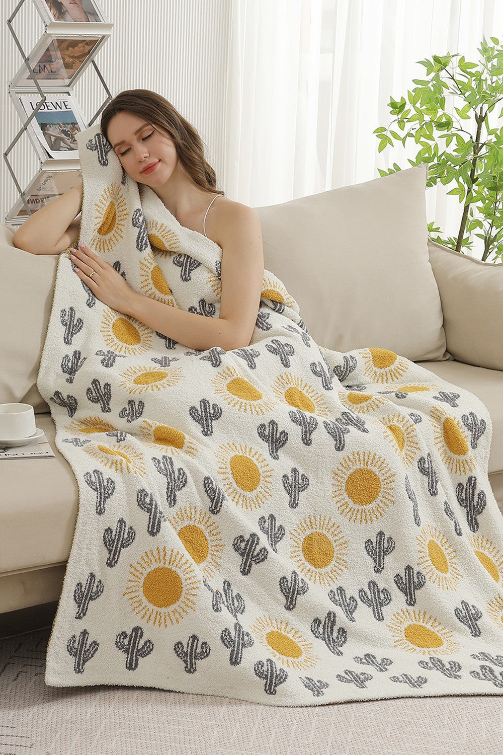 Cactus and Sun Printed Throw Blanket