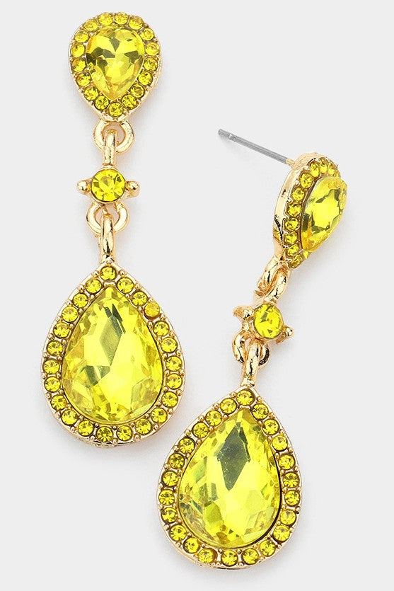 Pear Crystal Rhinestone Trim Drop Evening Earrings