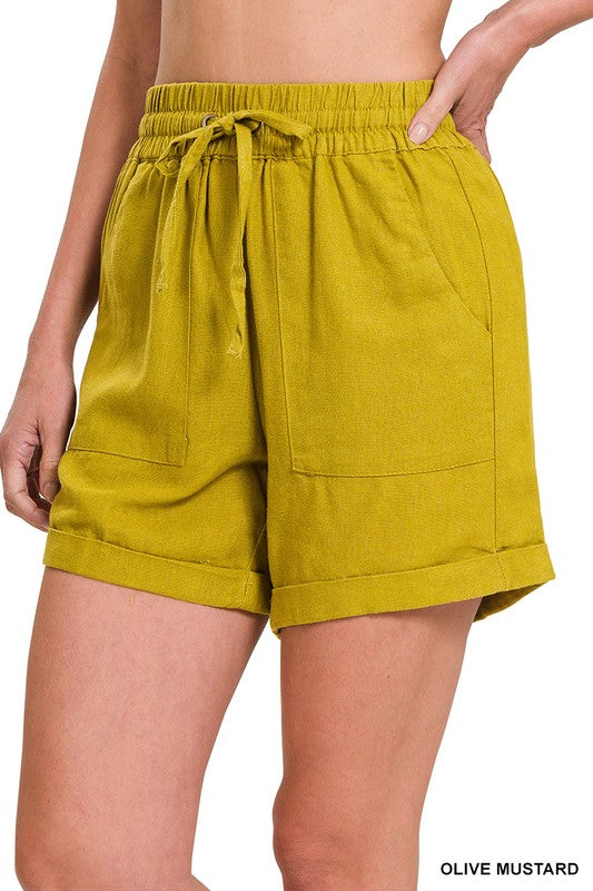 Linen Drawstring Waist Shorts with Pockets
