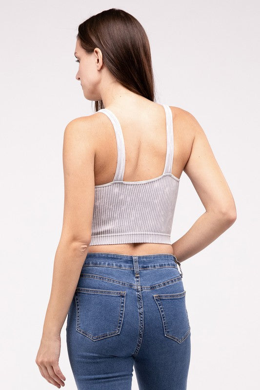 Washed Ribbed Cropped V-Neck Tank Top