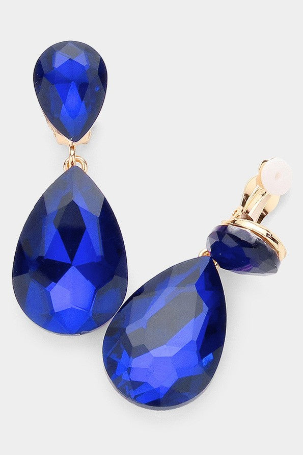 Glass Crystal Teardrop Clip on Evening Earrings