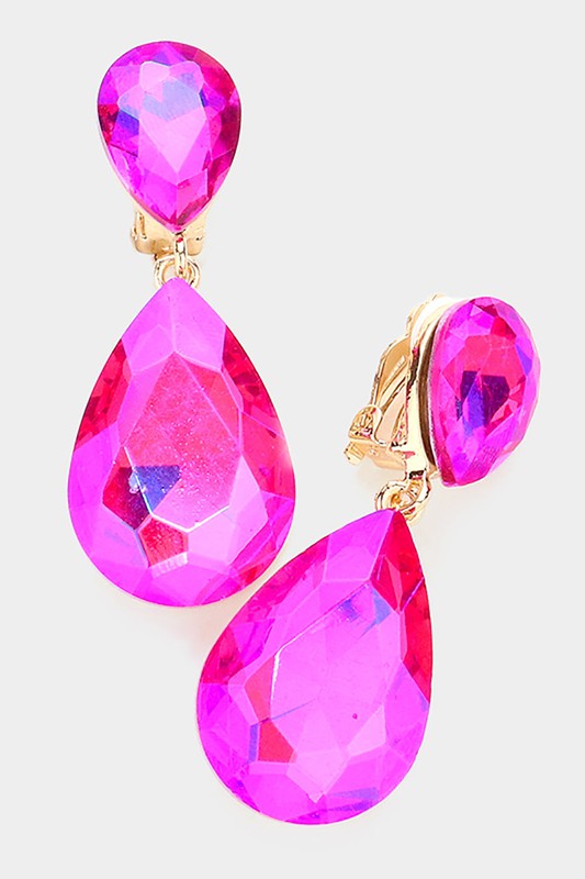 Glass Crystal Teardrop Clip on Evening Earrings - Debs on 5th