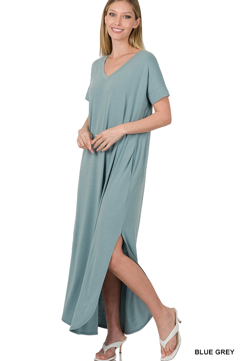 V Neck Short Sleeve Maxi Dress with Side Slits