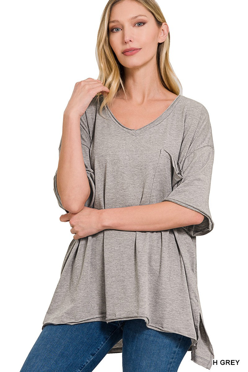 Oversized Front Pocket Raw Edge Boyfriend Tee