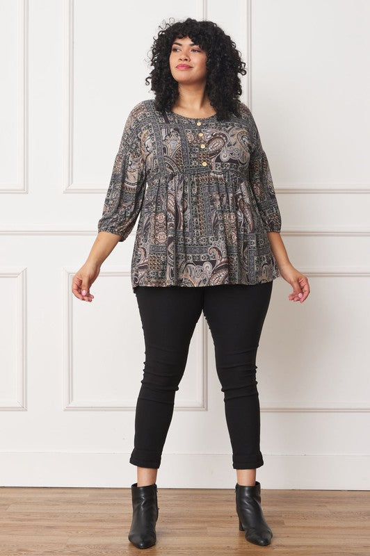 Plus Button Accent Paisley Top