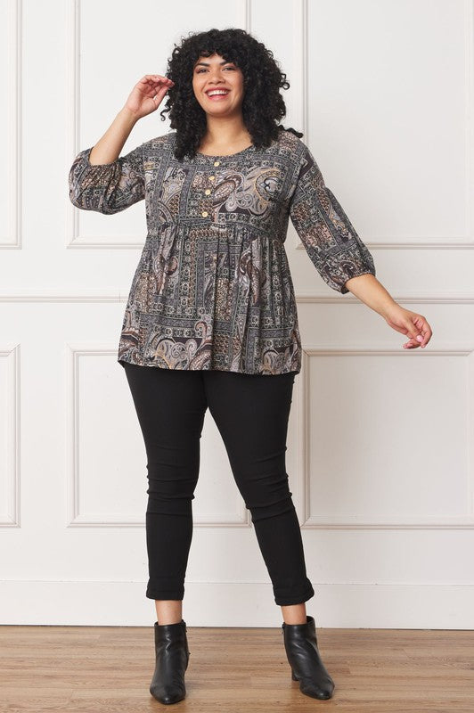 Plus Button Accent Paisley Top