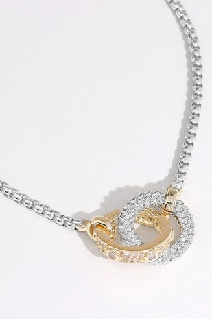 14K Gold CZ Stone Paved double Circle Necklace