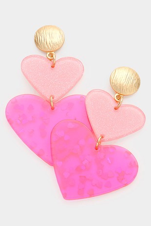 Glittered Double Heart Dangle Earrings