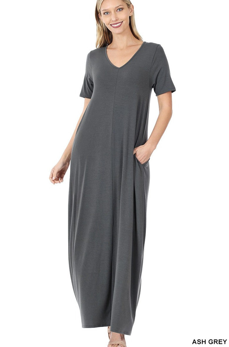 V Neck Short Sleeve Maxi Dress with Side Pockets