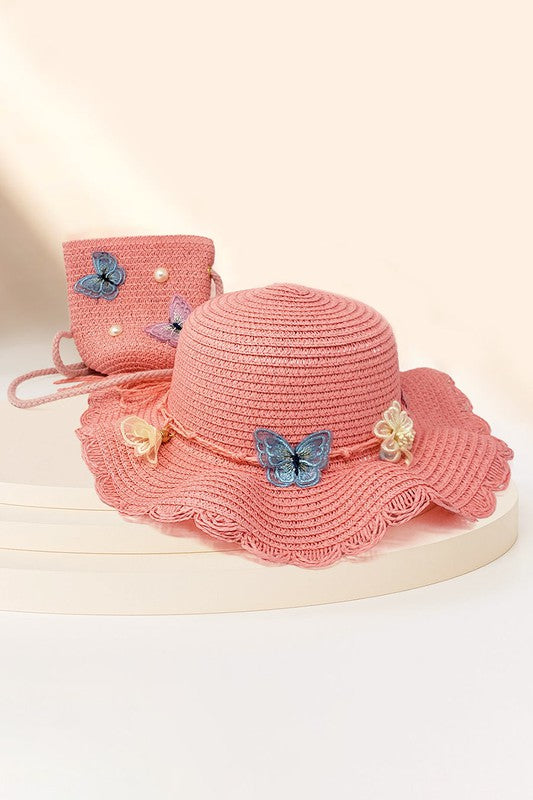 Pearl Straw Kids Sun Hat Crossbody Bag Set