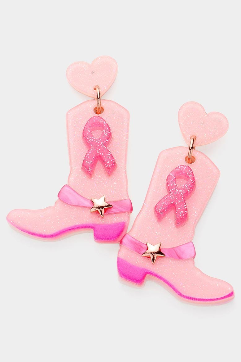 Glittered Pink Ribbon Heart Star Western Boots Dangle Earrings