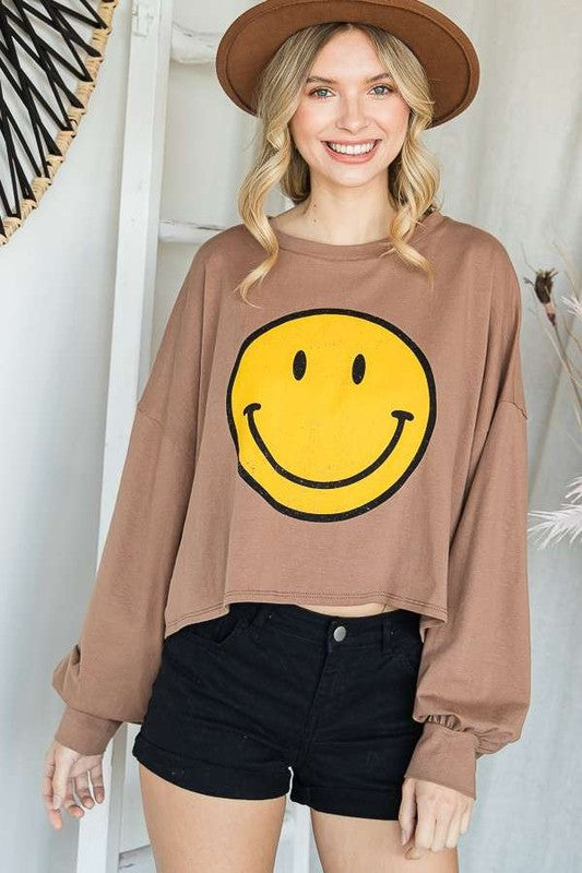 SMILEY FACE LONG SLEEVE CROP TOP