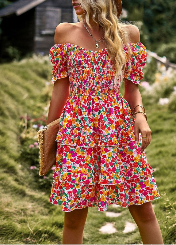 Boho Floral Square Neck Short Sleeve Dress