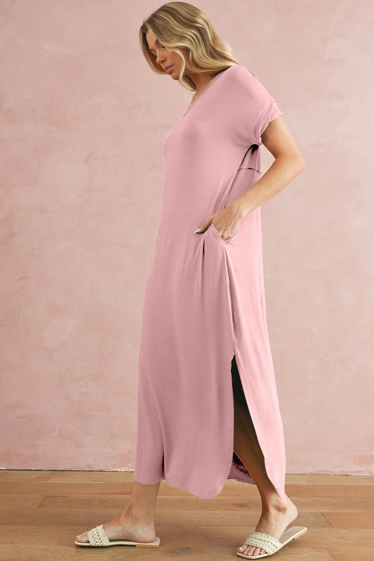 V Neck Hidden Pocket Splits Maxi T-shirt Dress