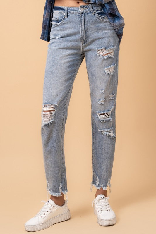 Fray Distressed Girlfriend Jeans