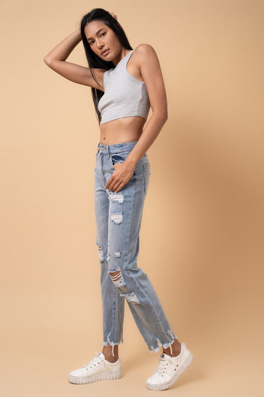 Fray Distressed Girlfriend Jeans