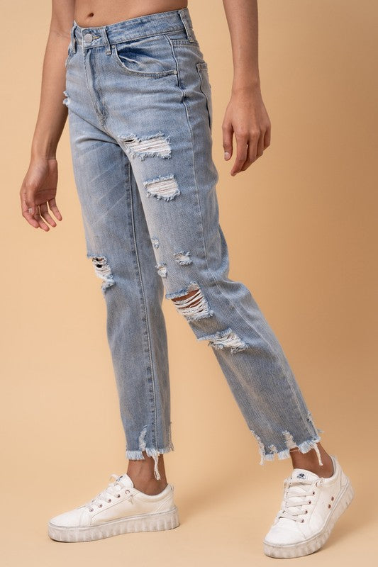 Fray Distressed Girlfriend Jeans