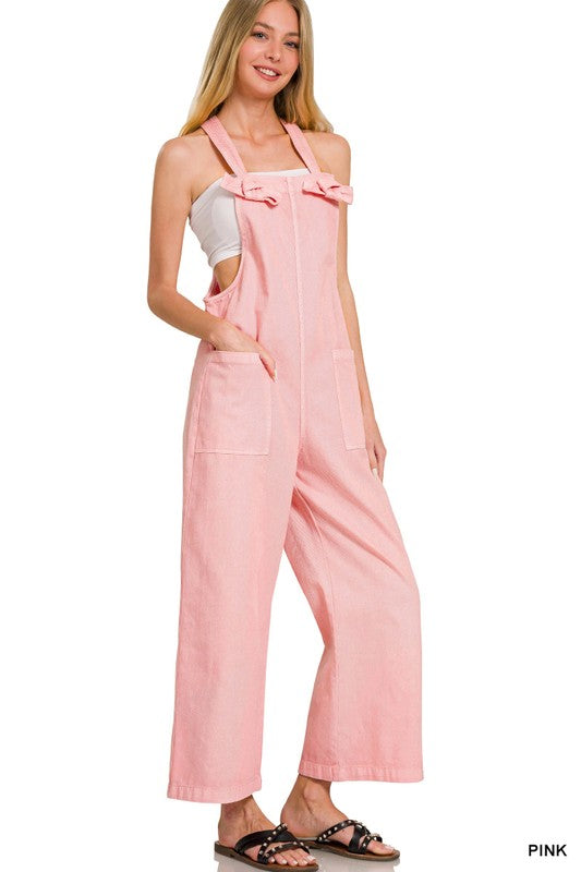 Washed Knot Strap Pockets Jumpsuit