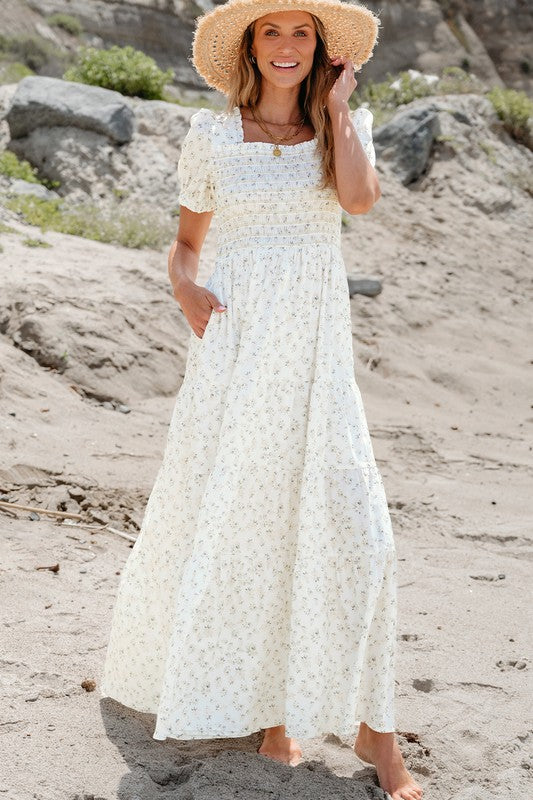 Shirred Bodice Tiered Floral Maxi Dress