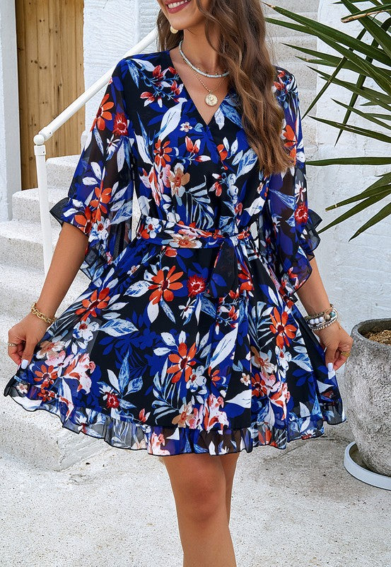 V Neck Ruffle Mini Short Swing Dresses