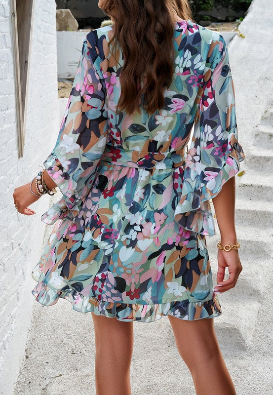 V Neck Ruffle Mini Short Swing Dresses