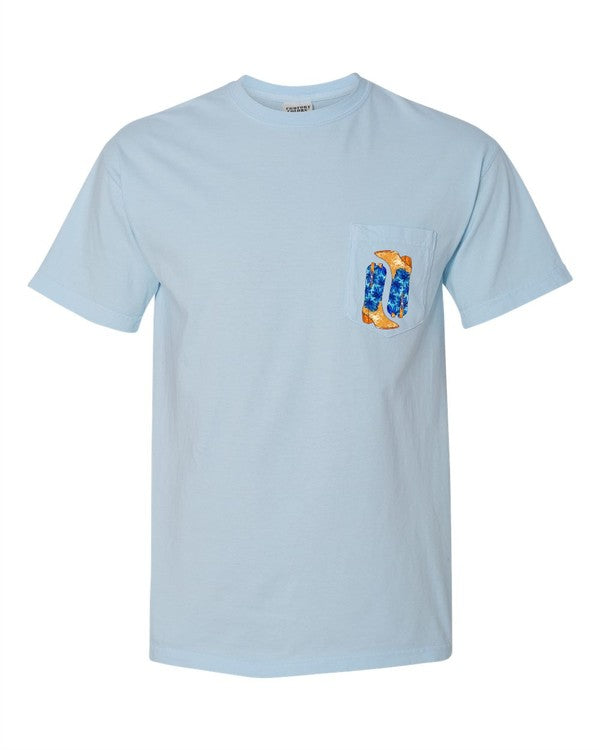 Blue Cowboy Boots Pocket Comfort Color Tee