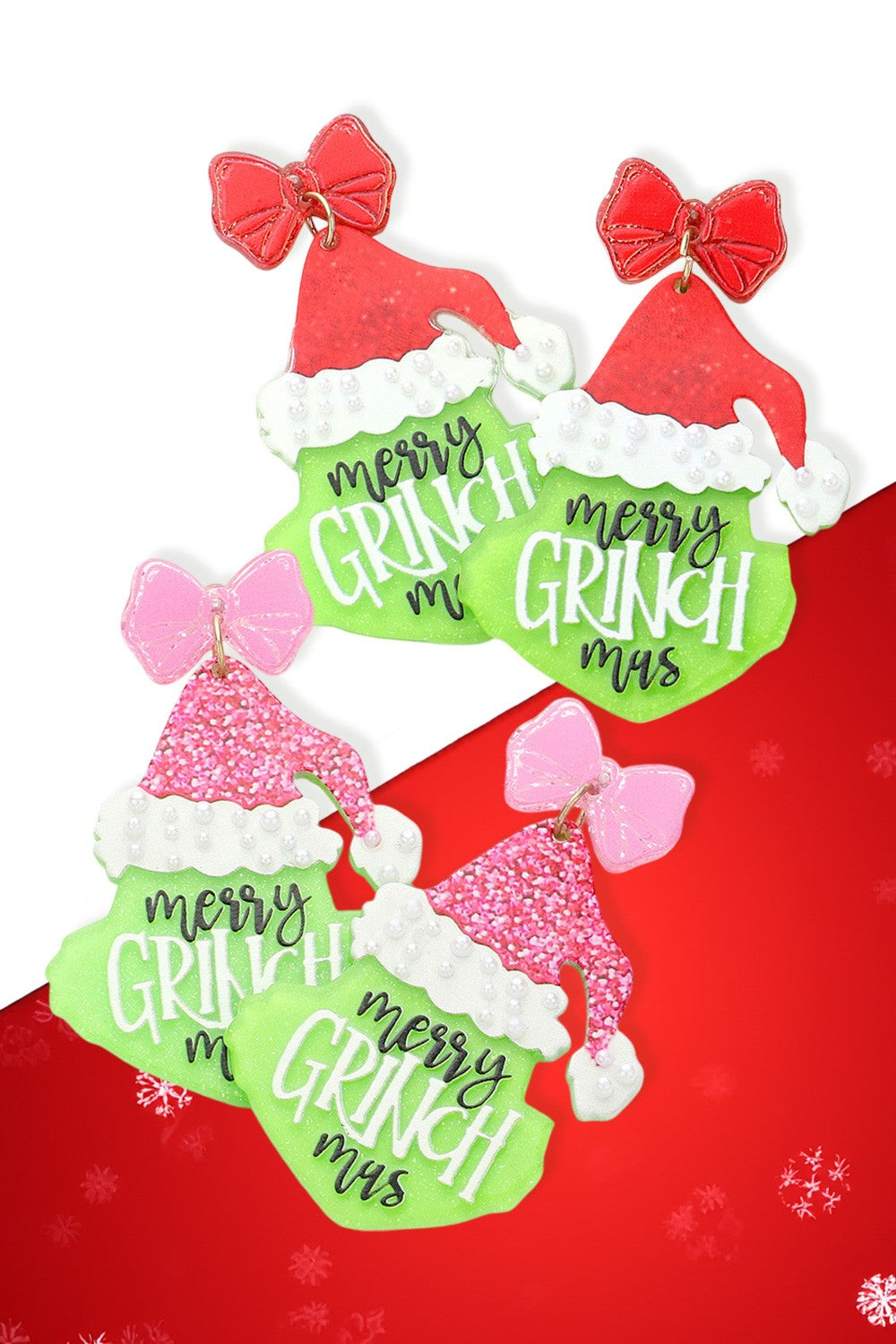 Glittered Resin Merry Grinch Mas Message Dangle Earrings