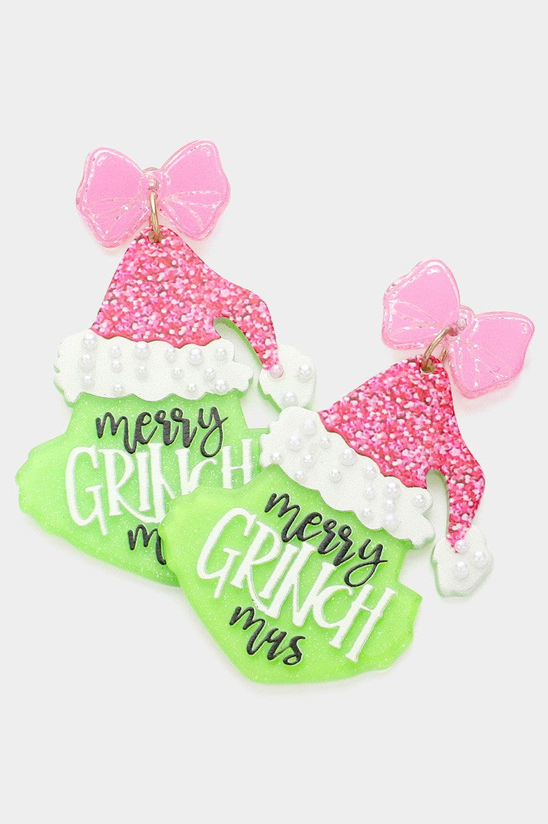 Glittered Resin Merry Grinch Mas Message Dangle Earrings