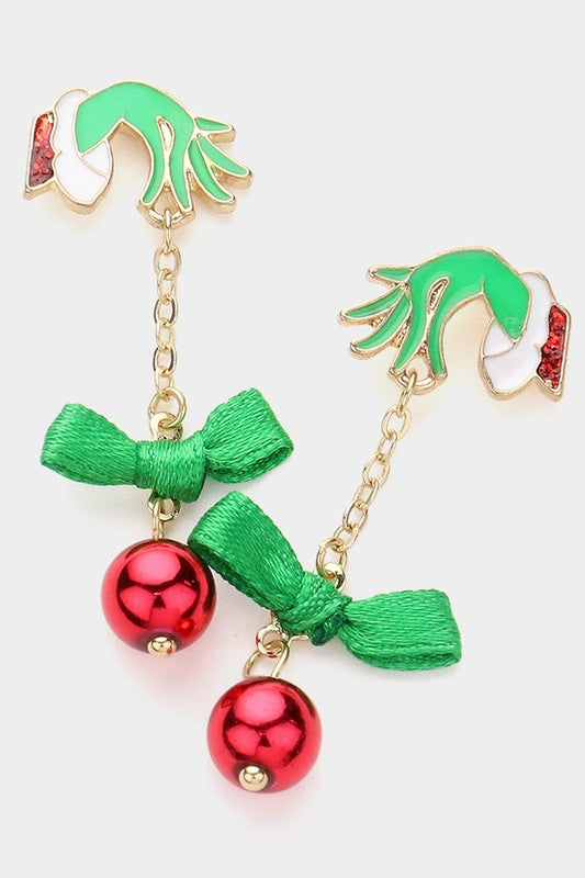 Enamel Grinch Hand Bow Bell Dropdown Earrings