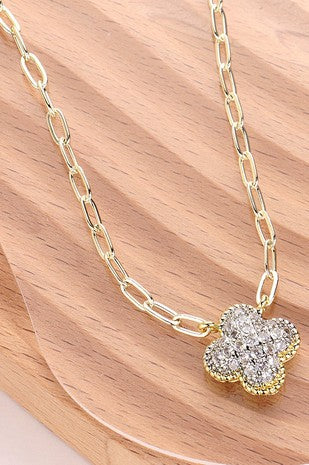 14K Gold Plated CZ Stone Paved Quatrefoil Necklace