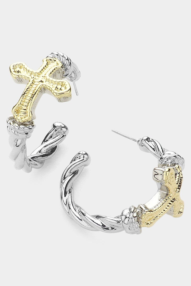 14K Gold Plated Two Tone Cross Pointed Hoop Earrings