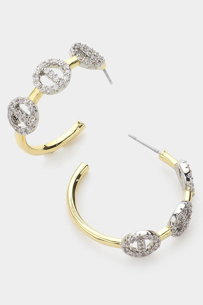 14K Gold Plated CZ Stone Paved Pointed Hoop Earrings