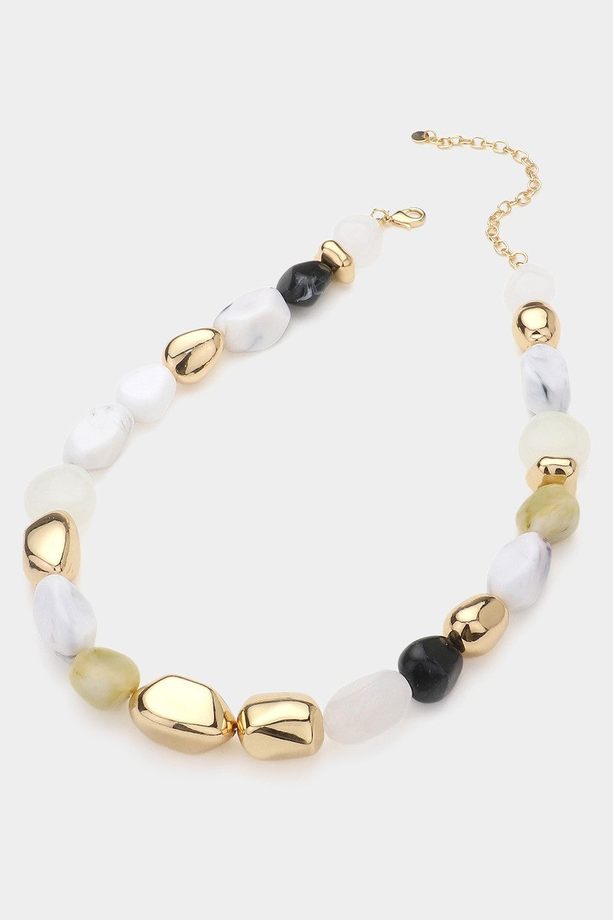 Natural Stone Metal Pebble Beaded Necklace