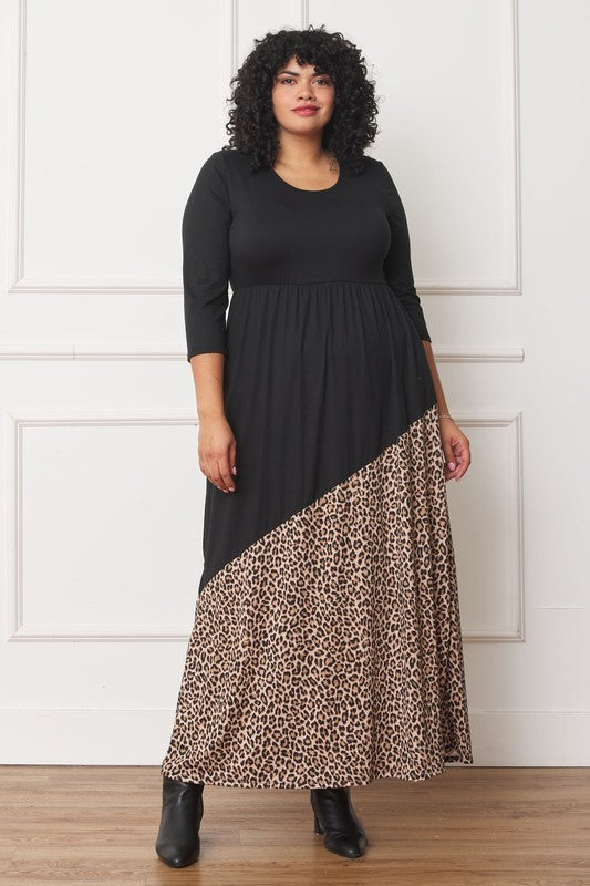 Asymmetrical Leopard Accent Maxi Dress Plus