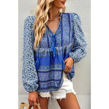 V Neck Drawstring Floral Print Loose Fit Top