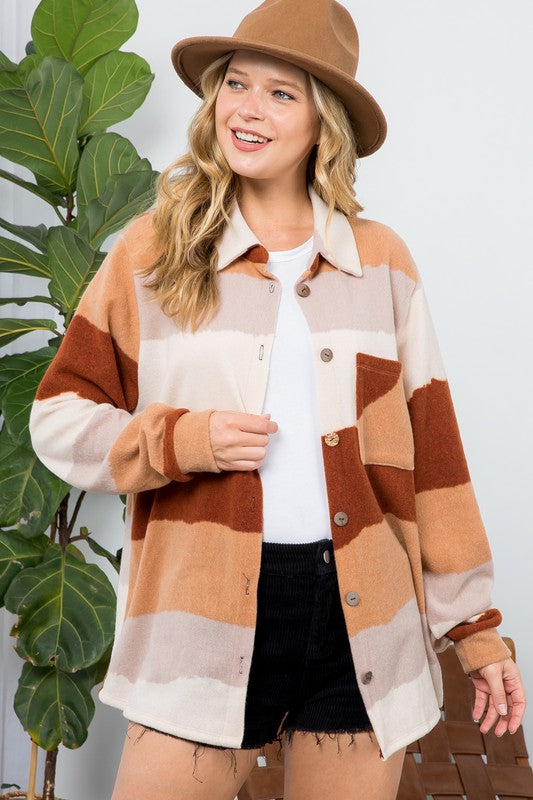 PLUS FUZZY STRIPE BUTTON DOWN SHACKET