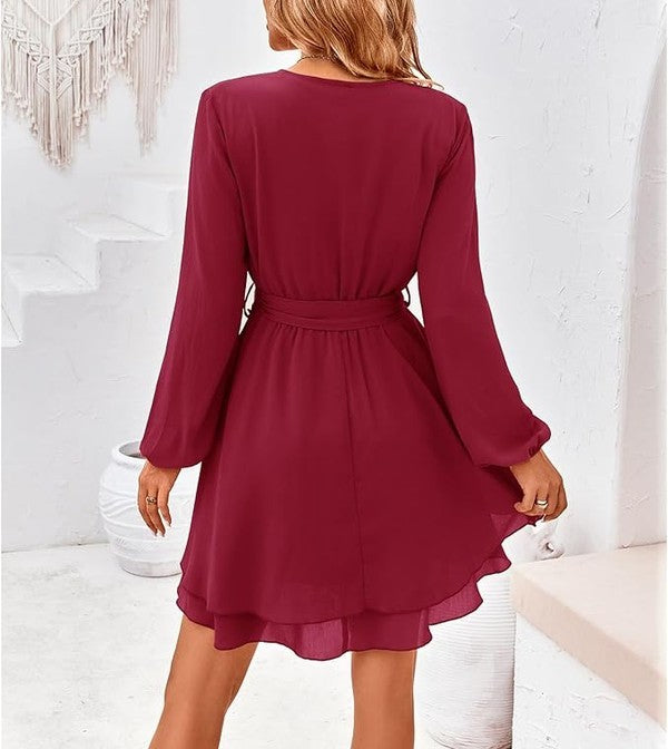 Short Sleeve Deep V Neck Swing Dress