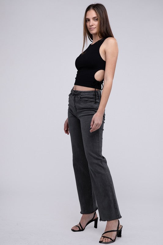 Acid Washed Frayed Cutoff Hem Straight Wide Pants