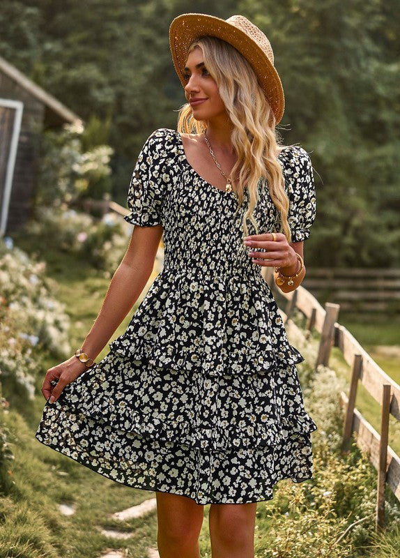 Boho Floral Square Neck Short Sleeve Dress