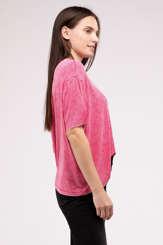 Washed Ribbed Cuffed Short Sleeve Round Neck Top