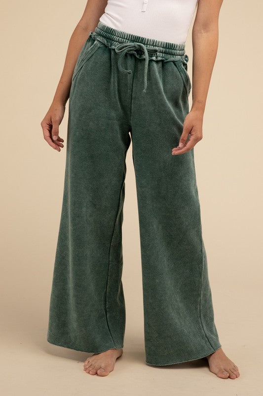 Acid Wash Fleece Palazzo Sweatpants with Pockets