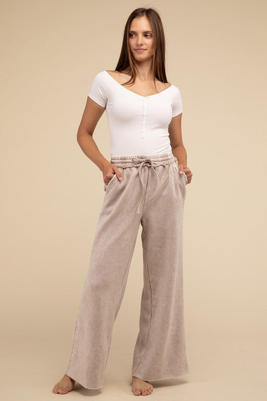 Acid Wash Fleece Palazzo Sweatpants with Pockets