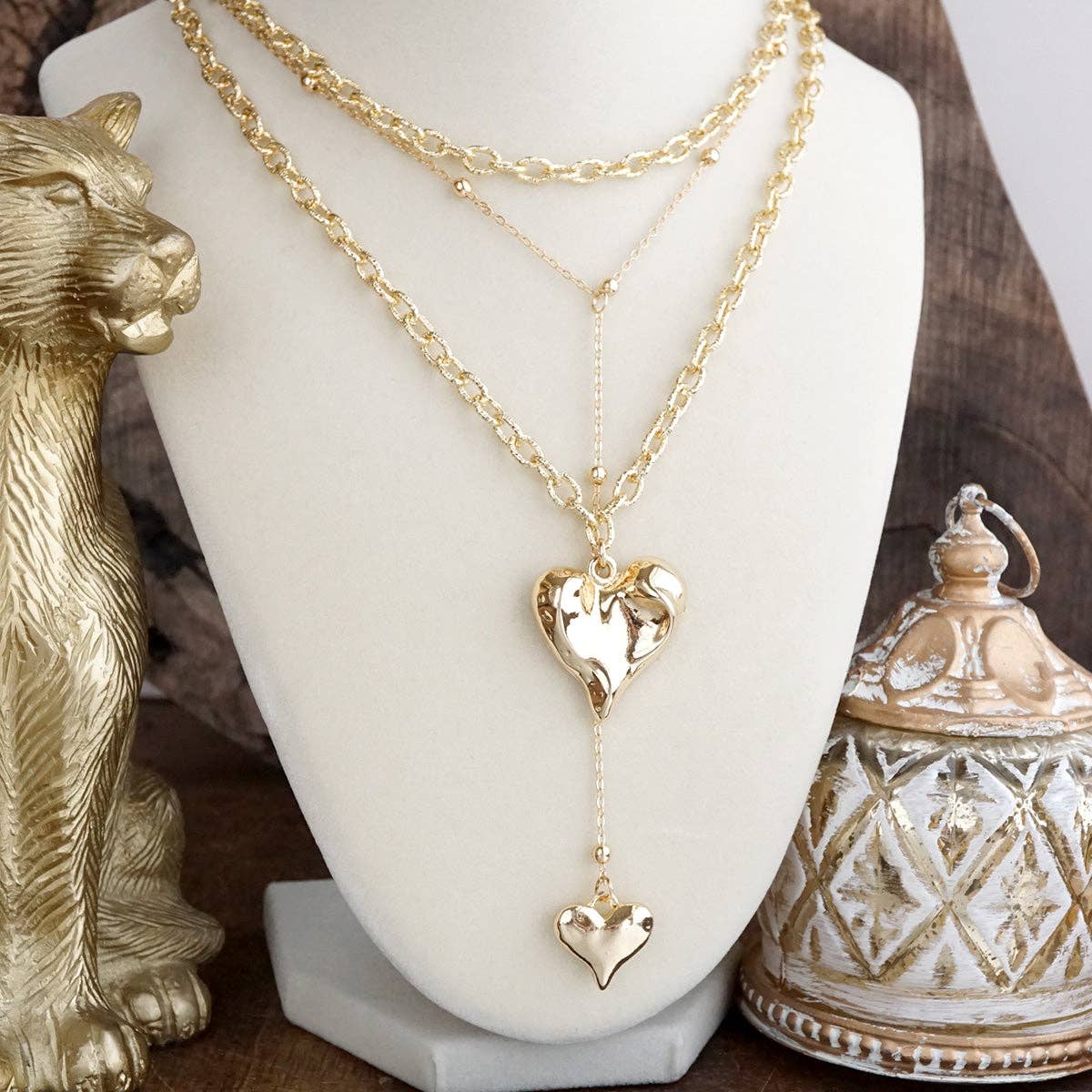 Flutter & Glow – Puffy Heart Lariat Layered Necklace